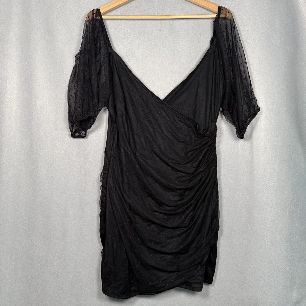 ASOS Black Mesh Mini Dress LBD Goth Whimsigoth Ruched Puff Sleeve Sz 14